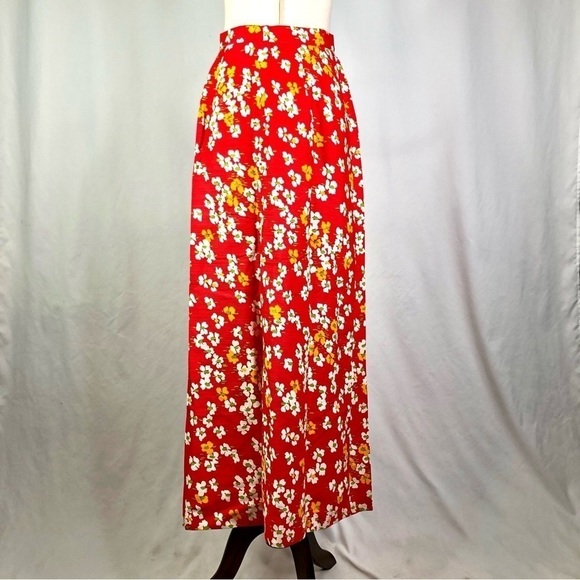 VINTAGE JCPenney barkcloth maxi skirt button front a-line bright red floral - Picture 4 of 5